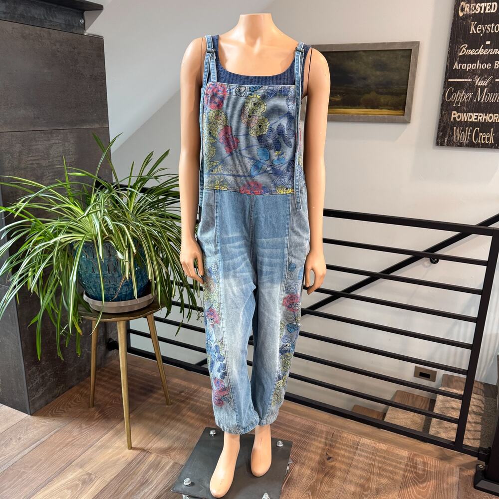Monthorigin Floral Patchwork Denim Overalls Boho Lagenlook Distressed - One Size